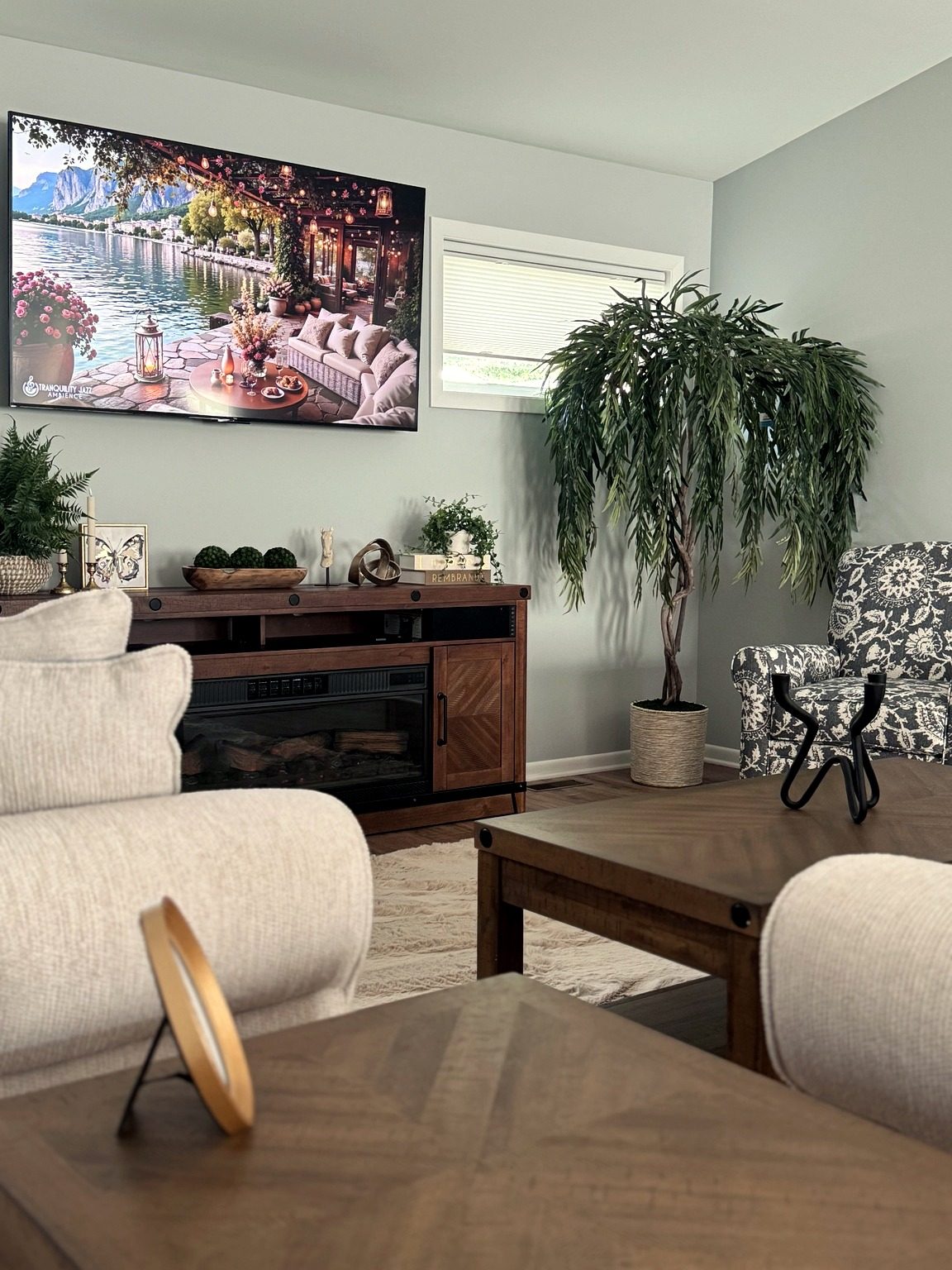 Cozy living room with fireplace in the one-bedroom home
